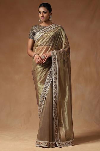 Gold embellished mirror work net designer saree