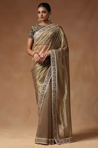 Gold embellished mirror work net designer saree