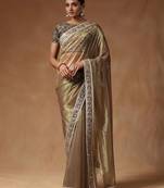 Gold embellished mirror work net designer saree