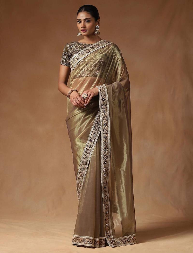 Gold embellished mirror work net designer saree