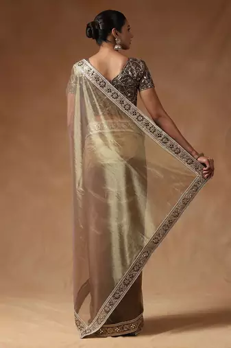 Gold embellished mirror work net designer saree