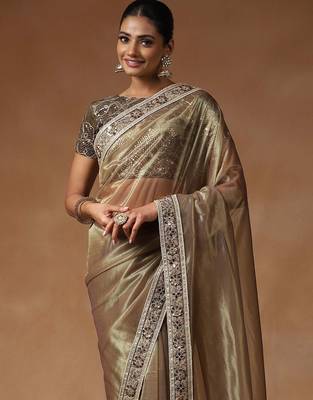 Gold embellished mirror work net designer saree 3