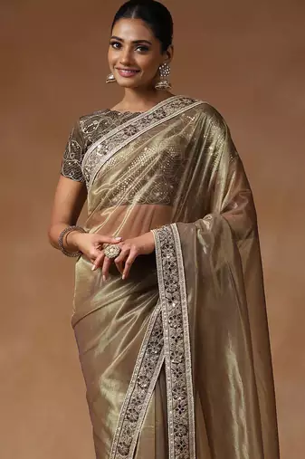 Gold embellished mirror work net designer saree