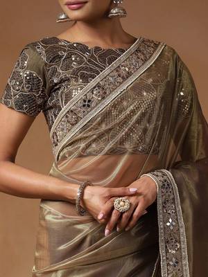 Gold embellished mirror work net designer saree 4