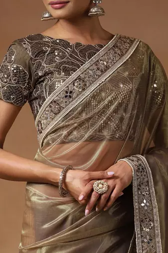 Gold embellished mirror work net designer saree