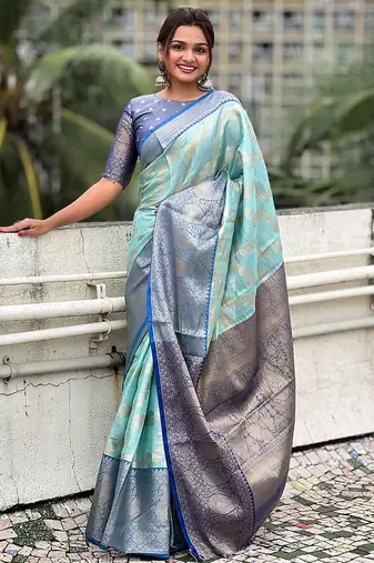 Blue woven design zari silk blend kanjeevaram saree