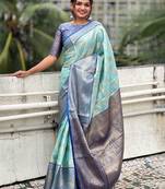 Blue woven design zari silk blend kanjeevaram saree