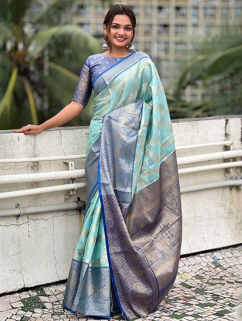 Blue woven design zari silk blend kanjeevaram saree