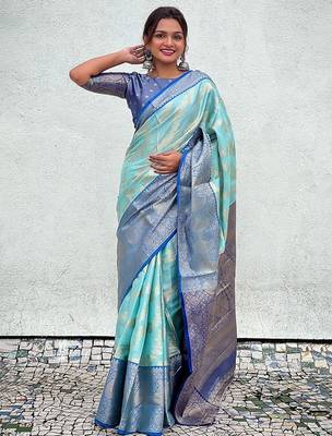 Blue woven design zari silk blend kanjeevaram saree 2