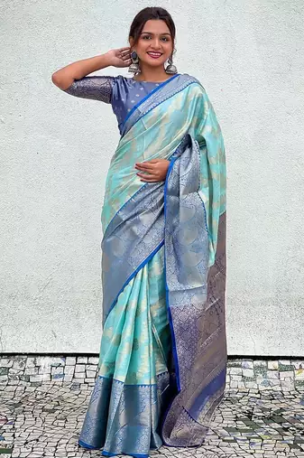Blue woven design zari silk blend kanjeevaram saree