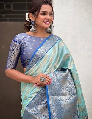 Blue woven design zari silk blend kanjeevaram saree 4