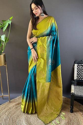 Sea green woven design zari silk blend banarasi saree