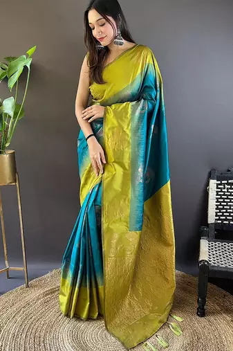 Sea green woven design zari silk blend banarasi saree