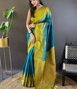 Sea green woven design zari silk blend banarasi saree