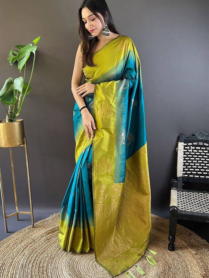 Sea green woven design zari silk blend banarasi saree