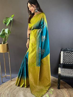 Sea green woven design zari silk blend banarasi saree 2