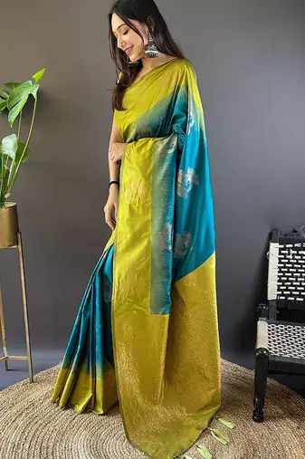 Sea green woven design zari silk blend banarasi saree