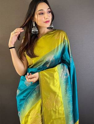 Sea green woven design zari silk blend banarasi saree 3