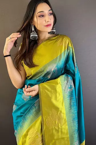 Sea green woven design zari silk blend banarasi saree