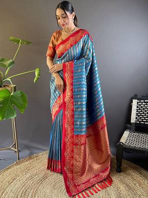 Blue woven design zari silk blend banarasi saree 1