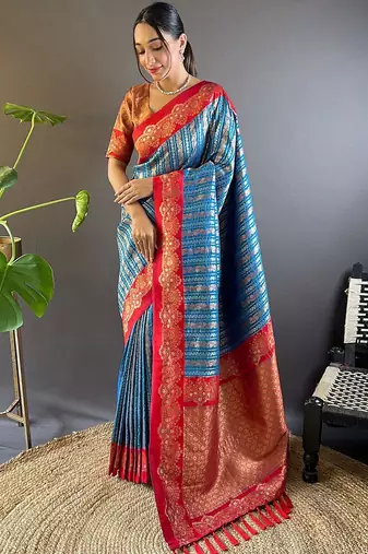 Blue woven design zari silk blend banarasi saree