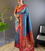 Blue woven design zari silk blend banarasi saree