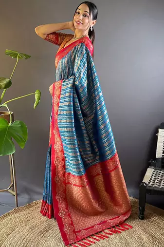 Blue woven design zari silk blend banarasi saree