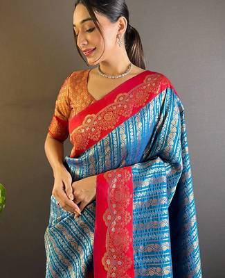 Blue woven design zari silk blend banarasi saree 3