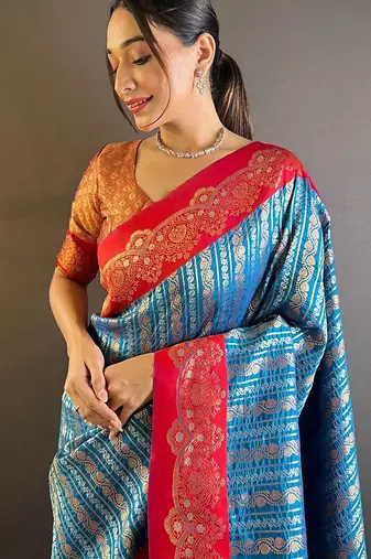Blue woven design zari silk blend banarasi saree