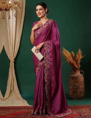 Pink floral embroidered satin saree 1