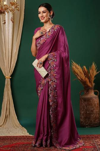 Pink floral embroidered satin saree