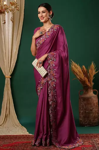 Pink floral embroidered satin saree