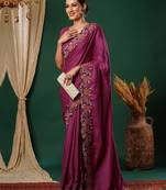 Pink floral embroidered satin saree