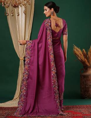 Pink floral embroidered satin saree 2