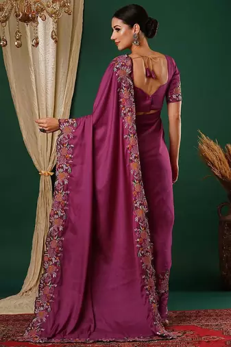 Pink floral embroidered satin saree