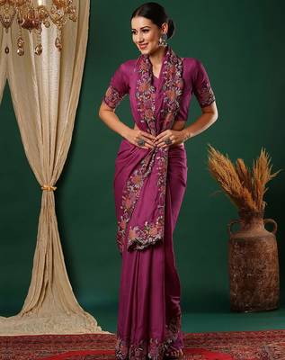 Pink floral embroidered satin saree 3