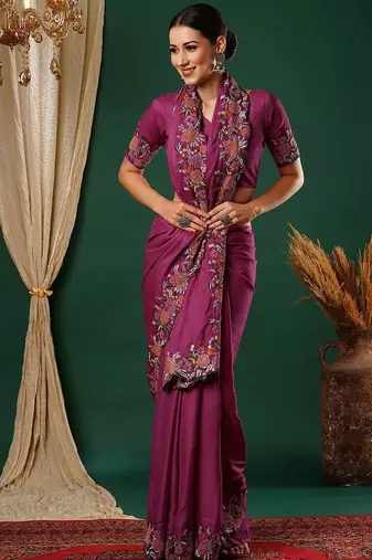 Pink floral embroidered satin saree