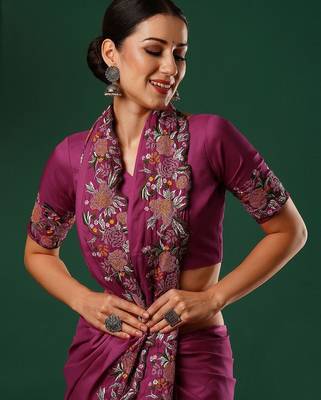 Pink floral embroidered satin saree 4