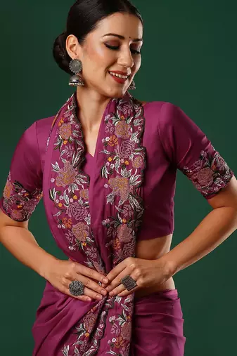 Pink floral embroidered satin saree