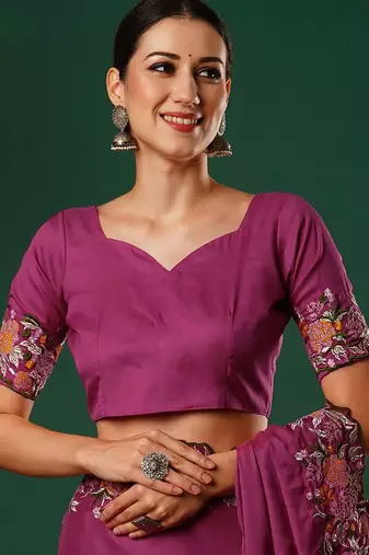 Pink floral embroidered satin saree