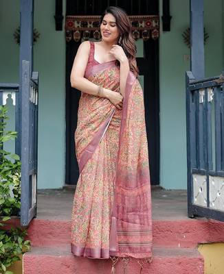 Yellow floral printed  linen saree 1