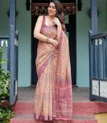 Yellow floral printed  linen saree