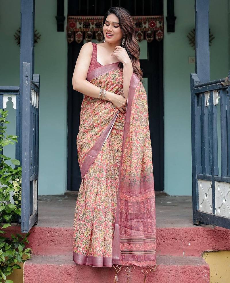 Yellow floral printed  linen saree