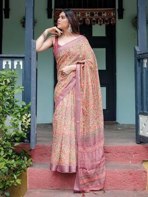 Yellow floral printed  linen saree 2