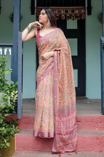 Yellow floral printed  linen saree
