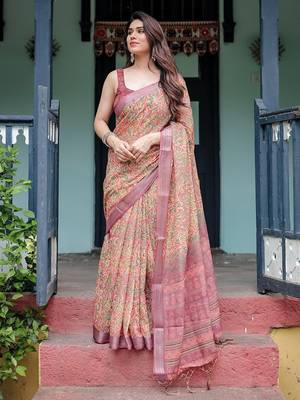 Yellow floral printed  linen saree 3