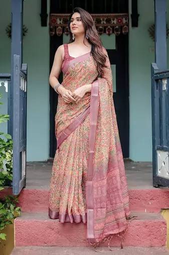 Yellow floral printed  linen saree