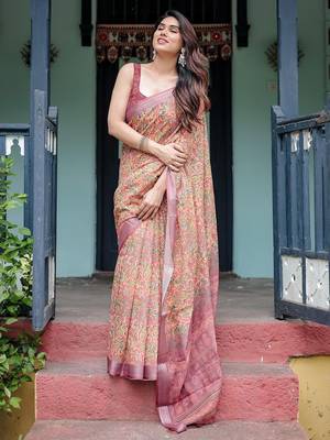 Yellow floral printed  linen saree 4