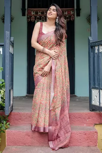 Yellow floral printed  linen saree