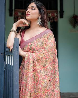 Yellow floral printed  linen saree 5